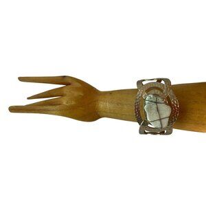 Hammered Gold-Tone Cuff Bracelet Matte Oval White Stone Boho Adjustable